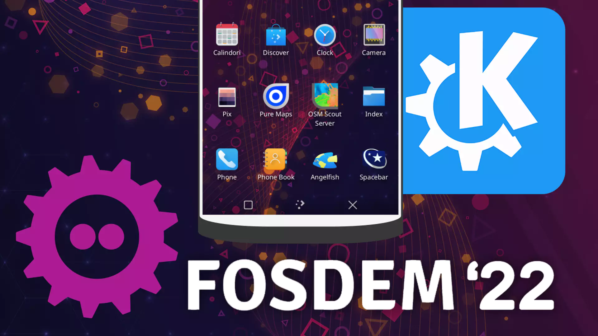 FOSDEM snd KDE logos with picture of Plasma Mobile.