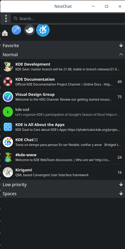 Screenshot of NeoChat showing Spaces.