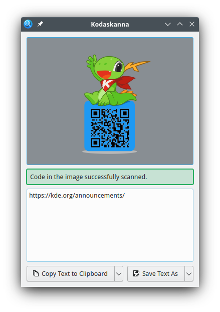 Screenshot of Kodaskanna with a ascanned QR barcode with Konqi the drago sitting on top.