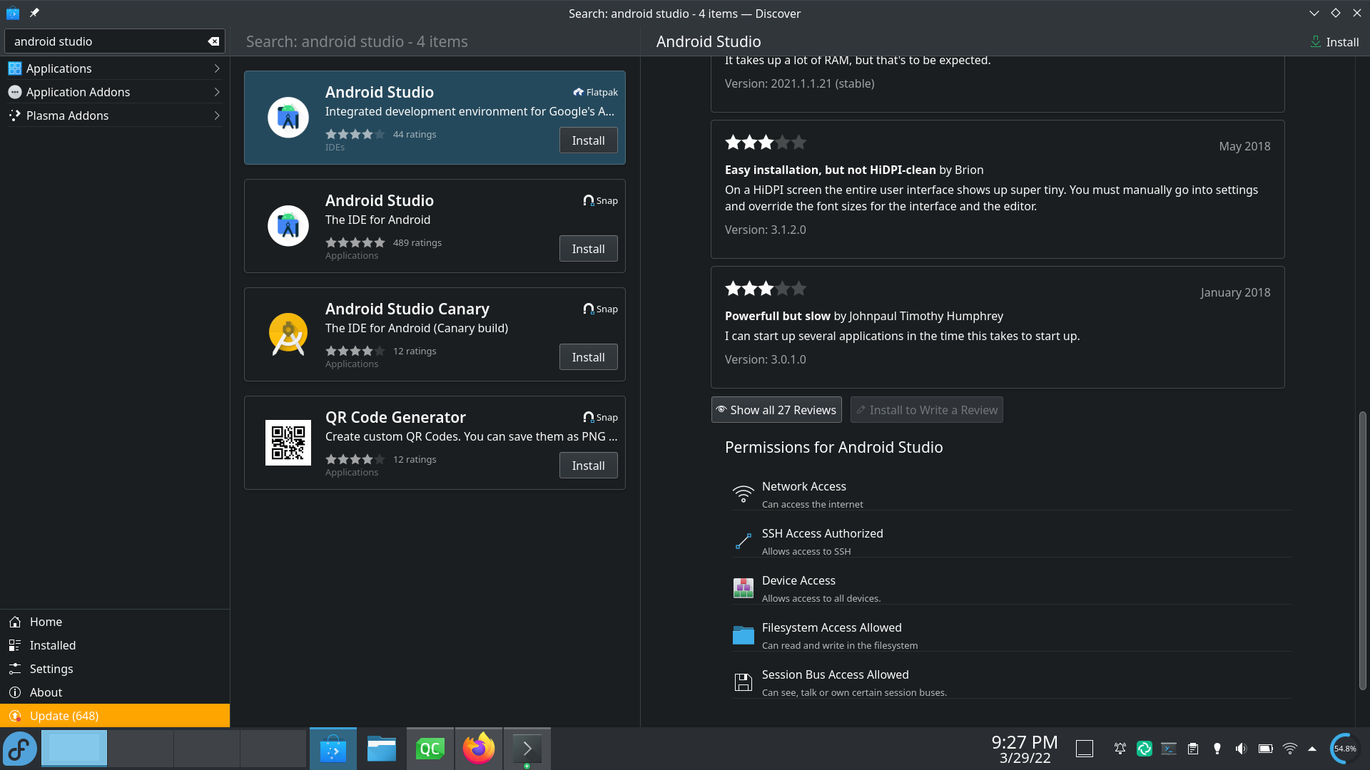 Screenshot showing KDE's Discover app manager and several apps you can download and install.