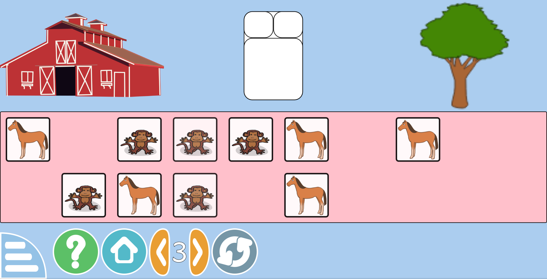 Screenshot showing a GCompris activity with horses and monkeys.