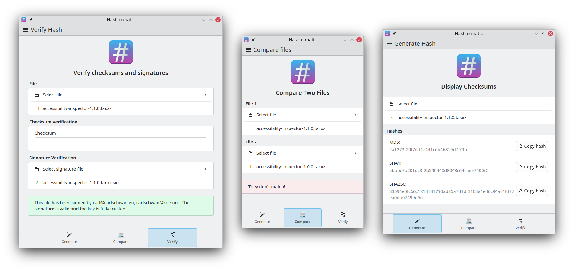 Three sceenshots of Hash-o-Matic, from left to right: Verifying checksums and signatures, comparing two files, and displaying checksums for a file. 
