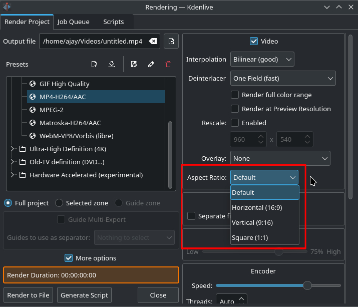 Screenshot showing the changes in the Kdenlive rendering dialogue
